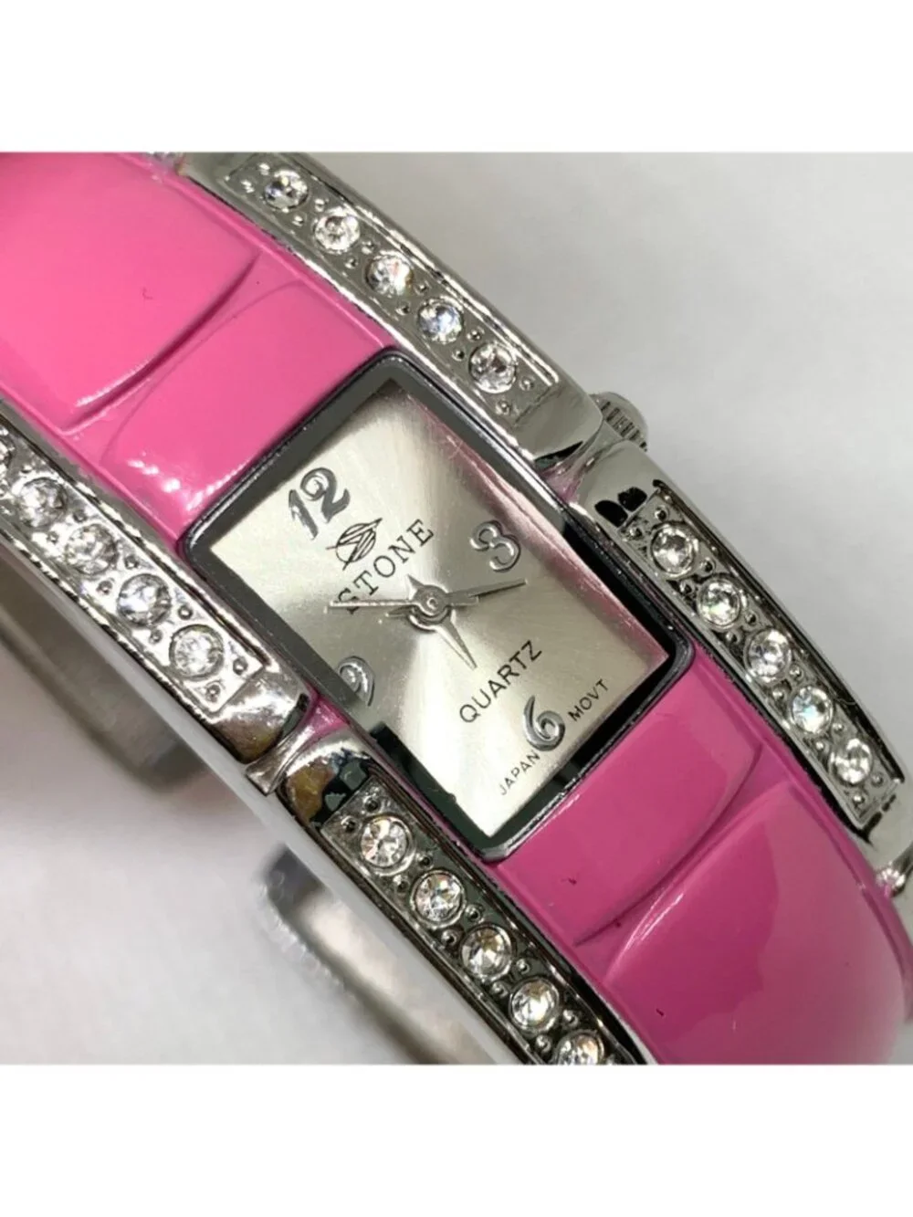 Stone women’s cuff bracelet watch two tone rhinestones 21mm quartz 6” running